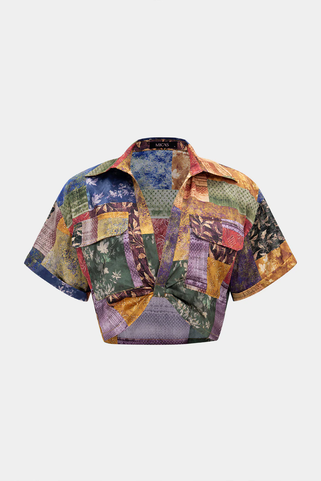Patchwork Print Satin V-Neck Ruched Short Sleeve Top - Weenar