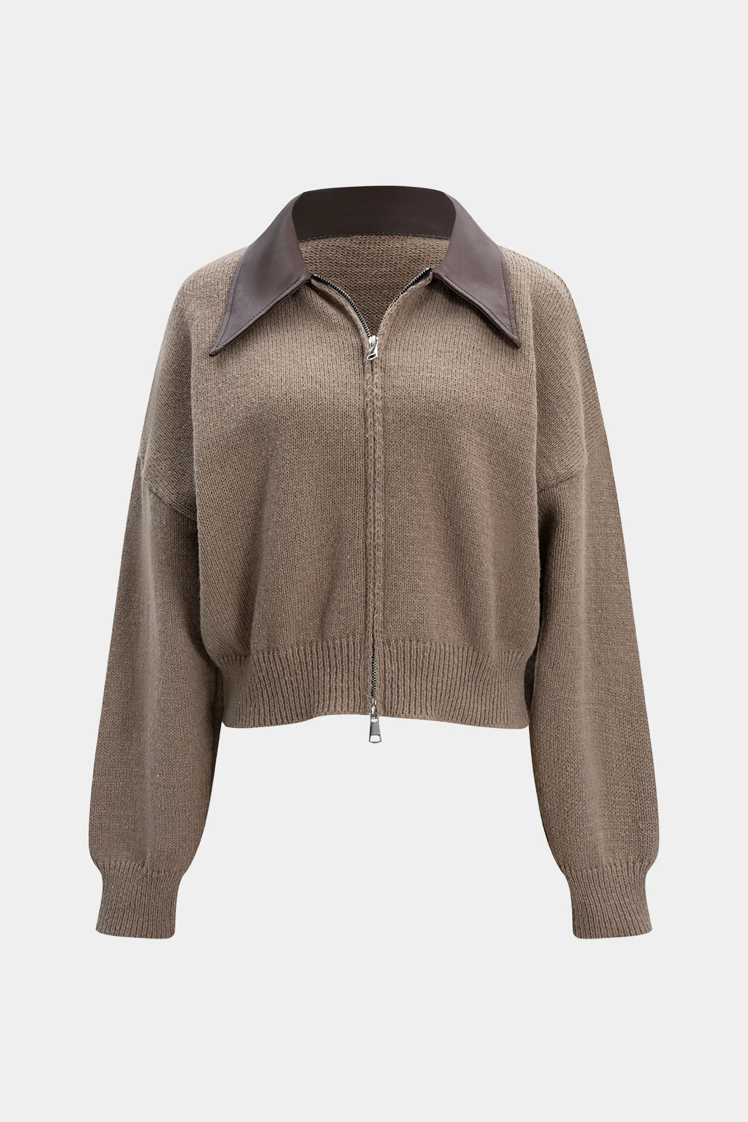 Faux Leather Patchwork Zipper Sweater Cardigan - Weenar