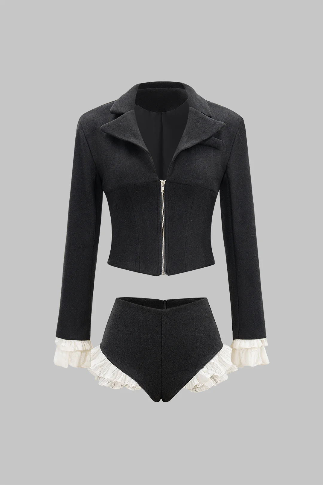 Woolen Patchwork Zipper Collar Top And Scallop Edge Shorts Set - Weenar