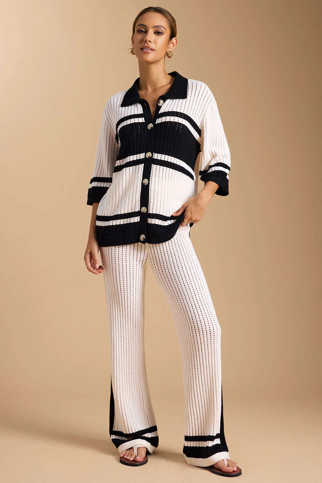 Knit Contrast Hollow Out Lapel Top And Drawstring Wide Leg Pants Set - Weenar