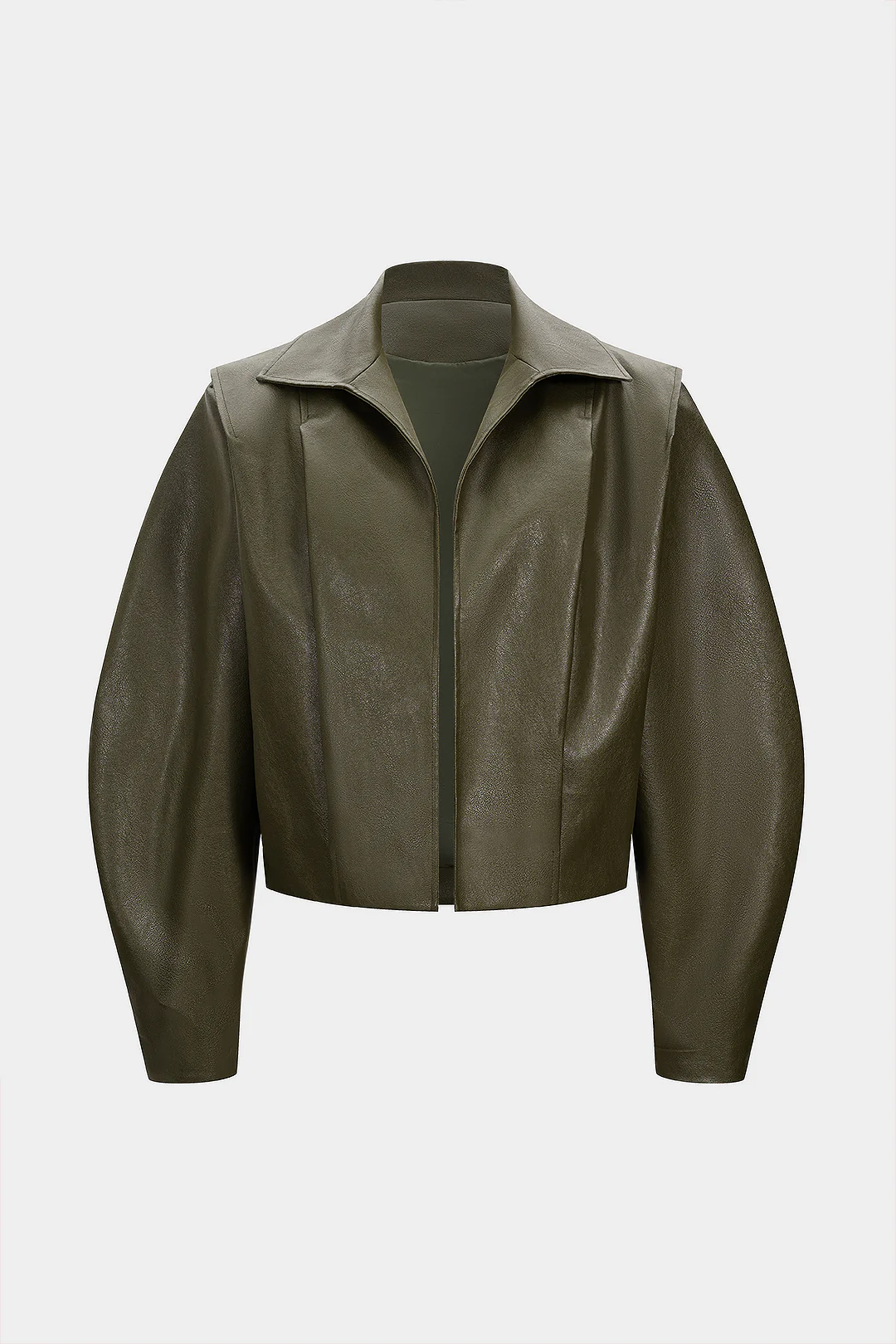Faux Leather Pleated Gigot Sleeve Jacket - Weenar