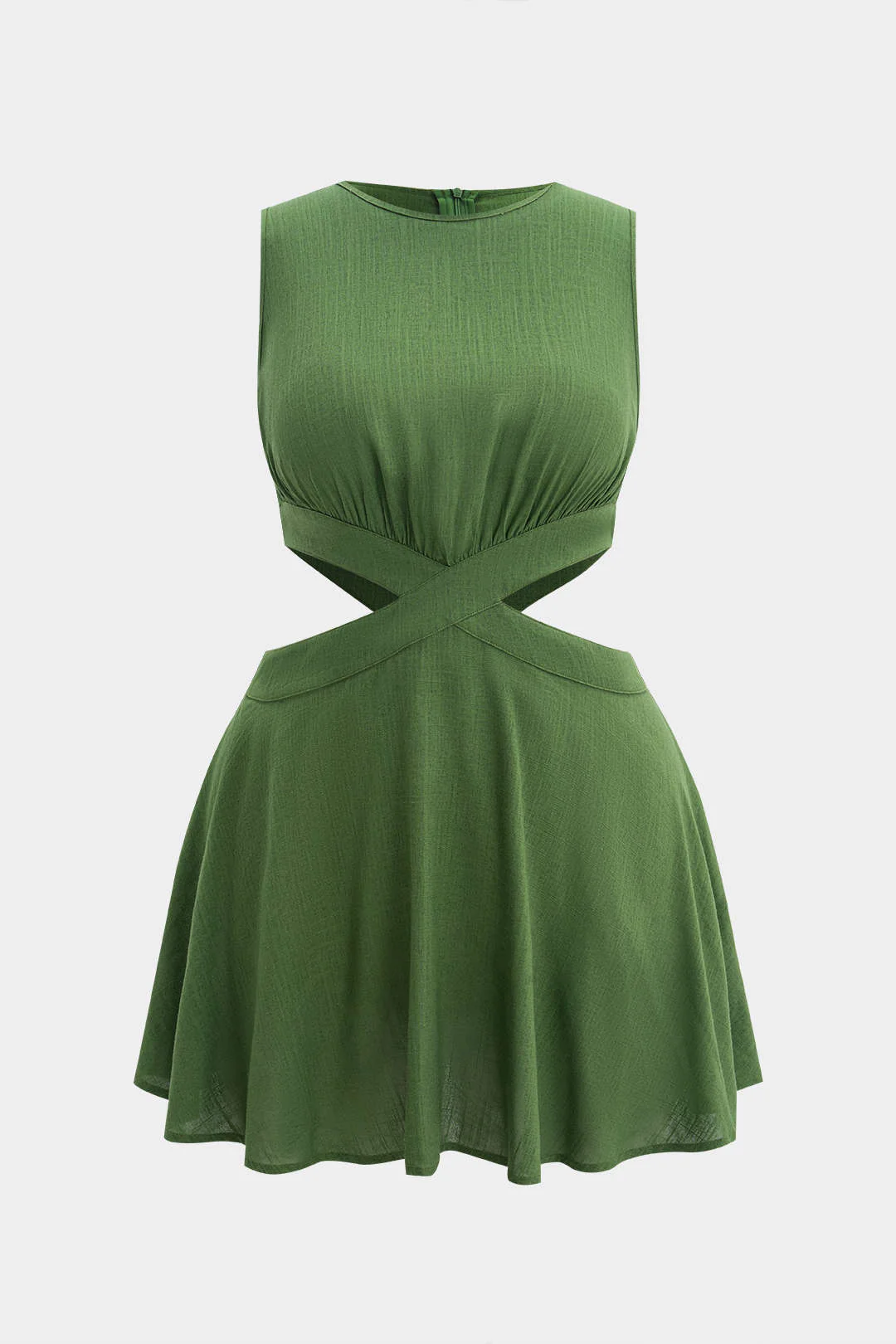 Plus Size Linen Zipper Cut Out Sleeveless Mini Dress - Weenar