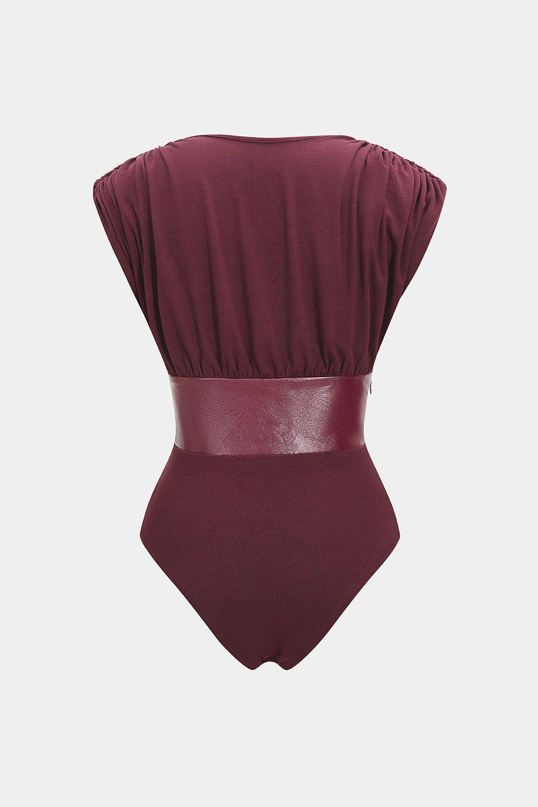 Faux Leather Patchwork V-Neck Hollow Out Sleeveless Bodysuit - Weenar