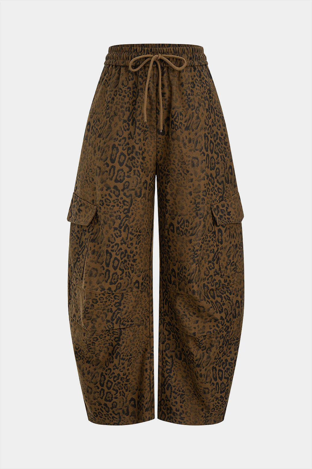 Leopard Print Drawstring Shirred Waistband Pants - Weenar