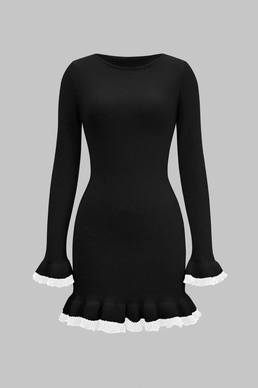 Knit Contrast Ruffle Binding Long Sleeve Dress - Weenar