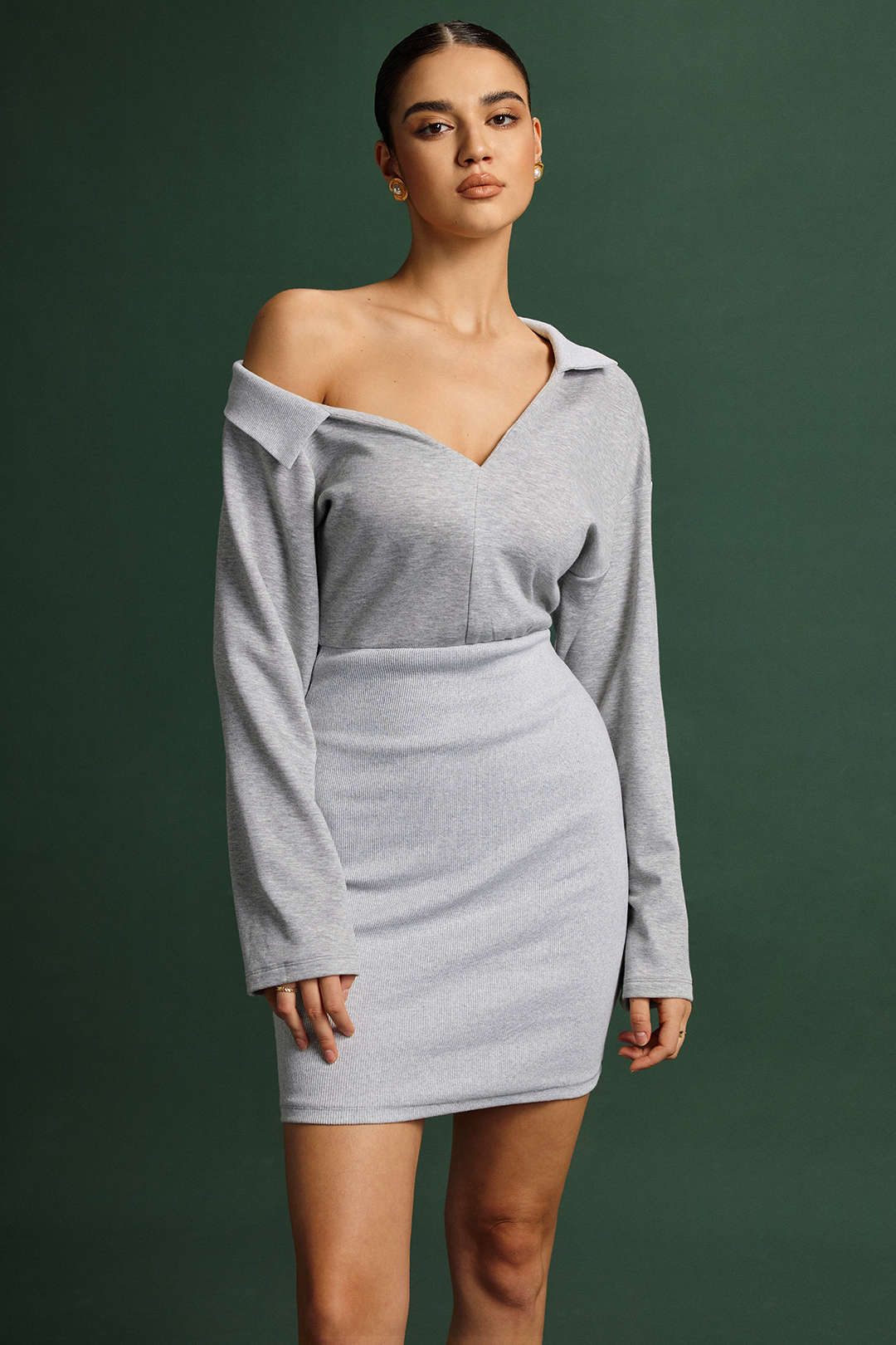 Asymmetrical Neck Ruched Long Sleeve Mini Dress - Weenar
