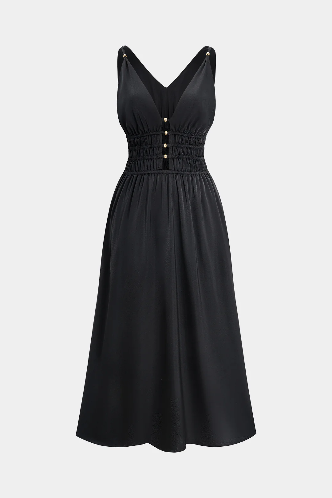 Satin Shirred Sleeveless Midi Dress - Weenar