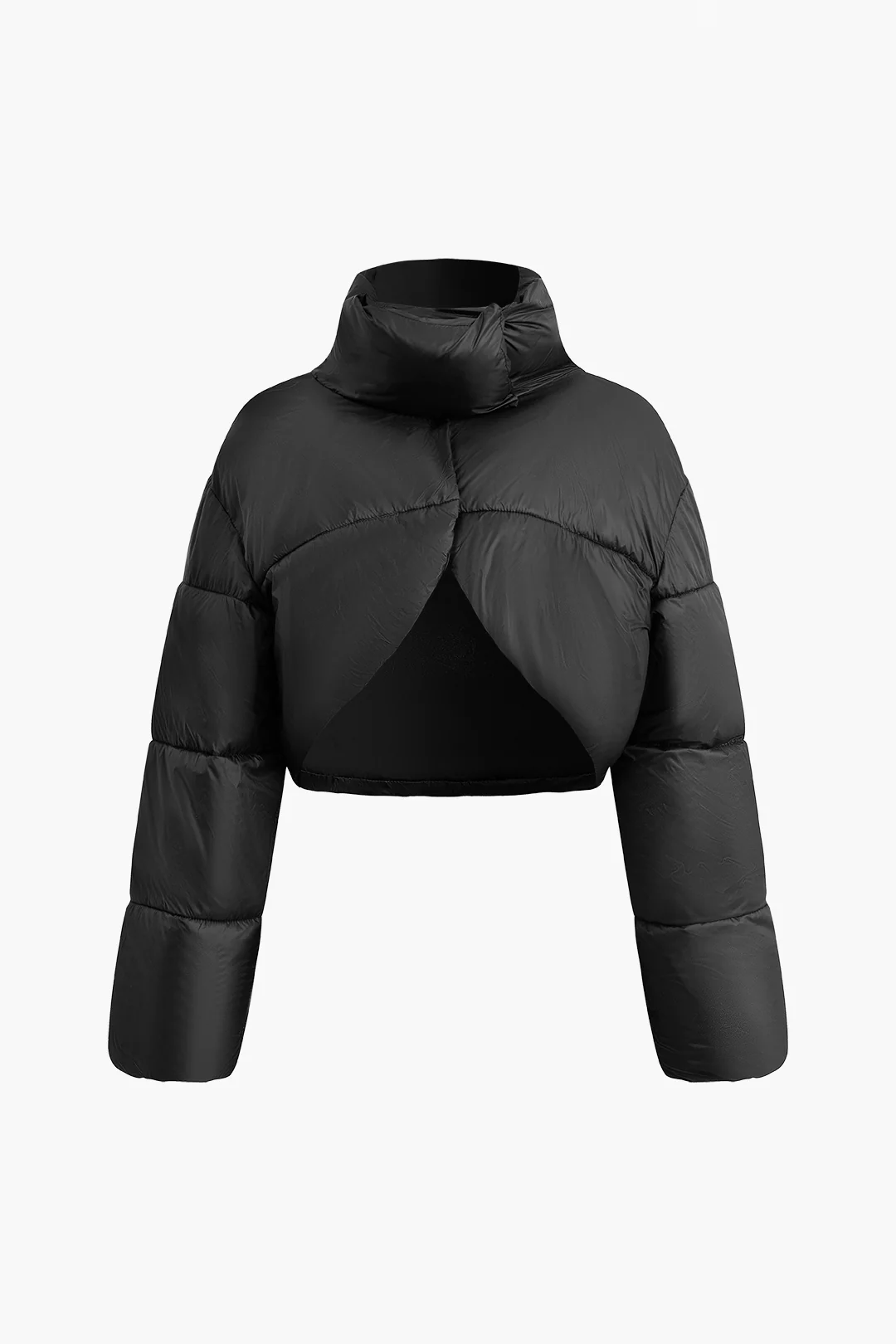 Solid Stand Collar Long Sleeve Cropped Puffer - Weenar