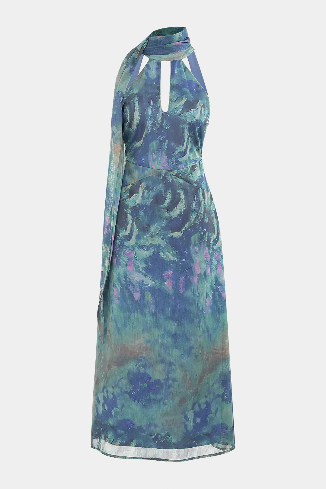 Tie Dye Print Mesh Halter Neck Cut Out Sleeveless Maxi Dress With Scarf - Weenar
