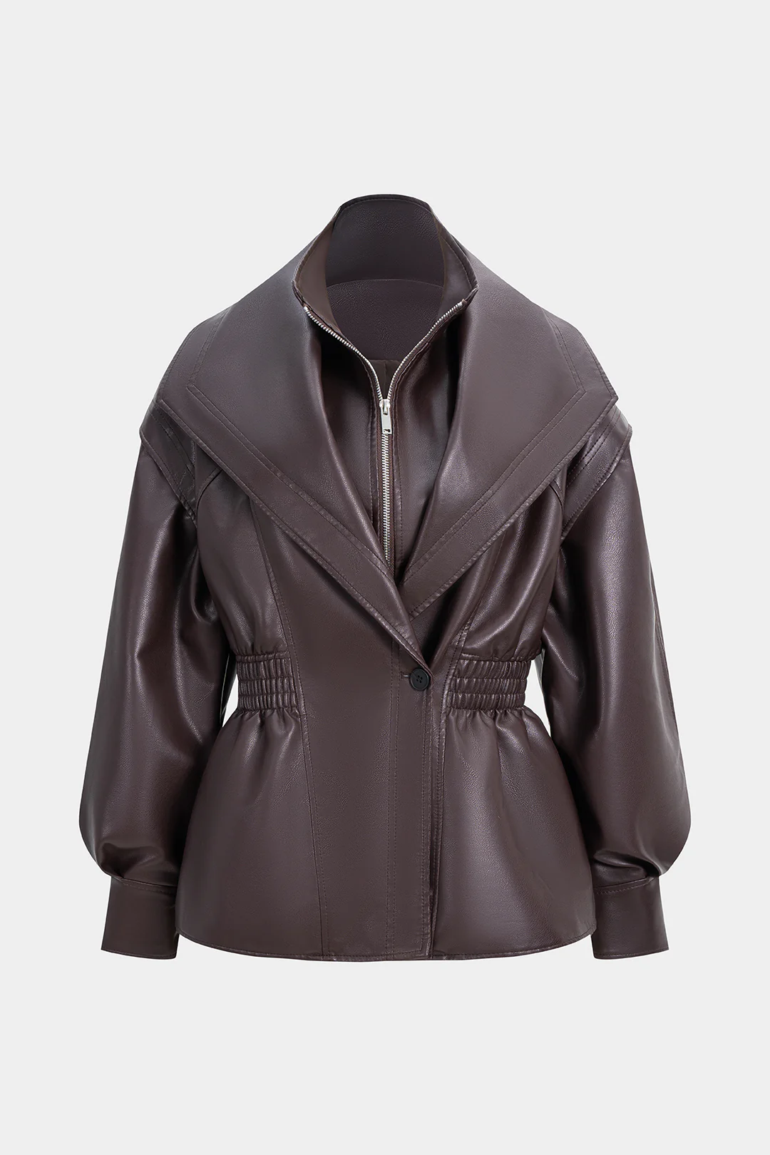 Faux Leather Shirred Zipper Jacket - Weenar