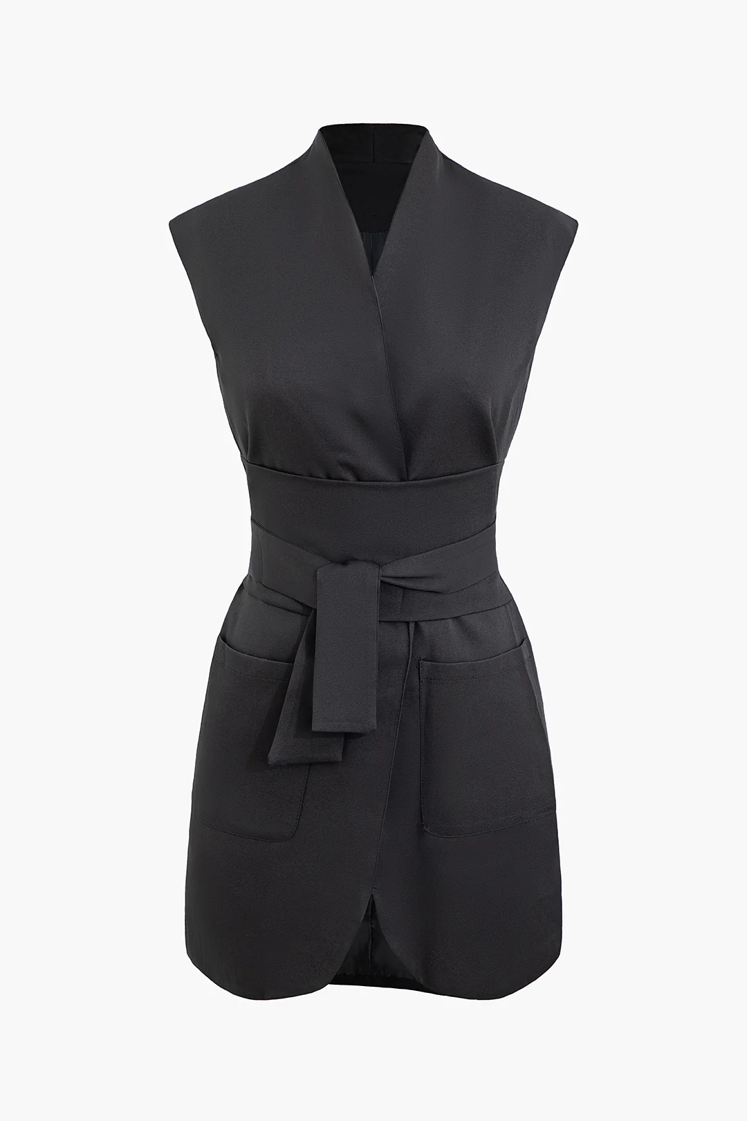 Tie Front V-Neck Pocket Sleeveless Mini Dress - Weenar