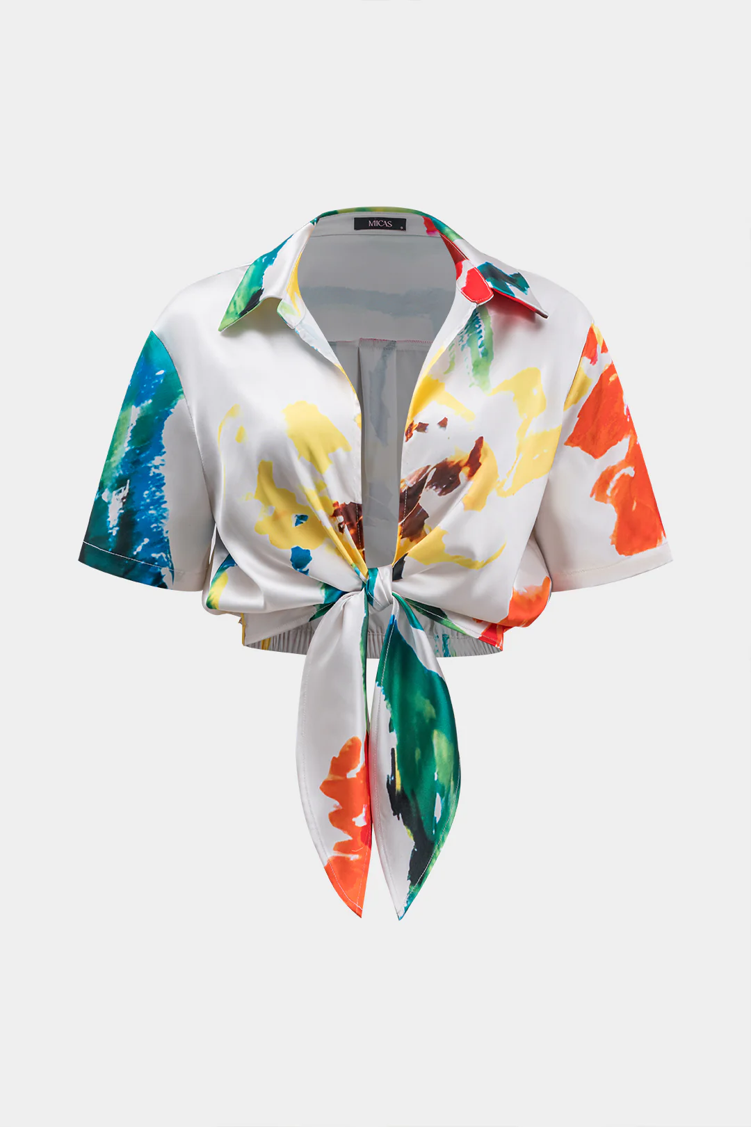 Satin Ruched Tie Front Short-Sleeve Shirt - Weenar