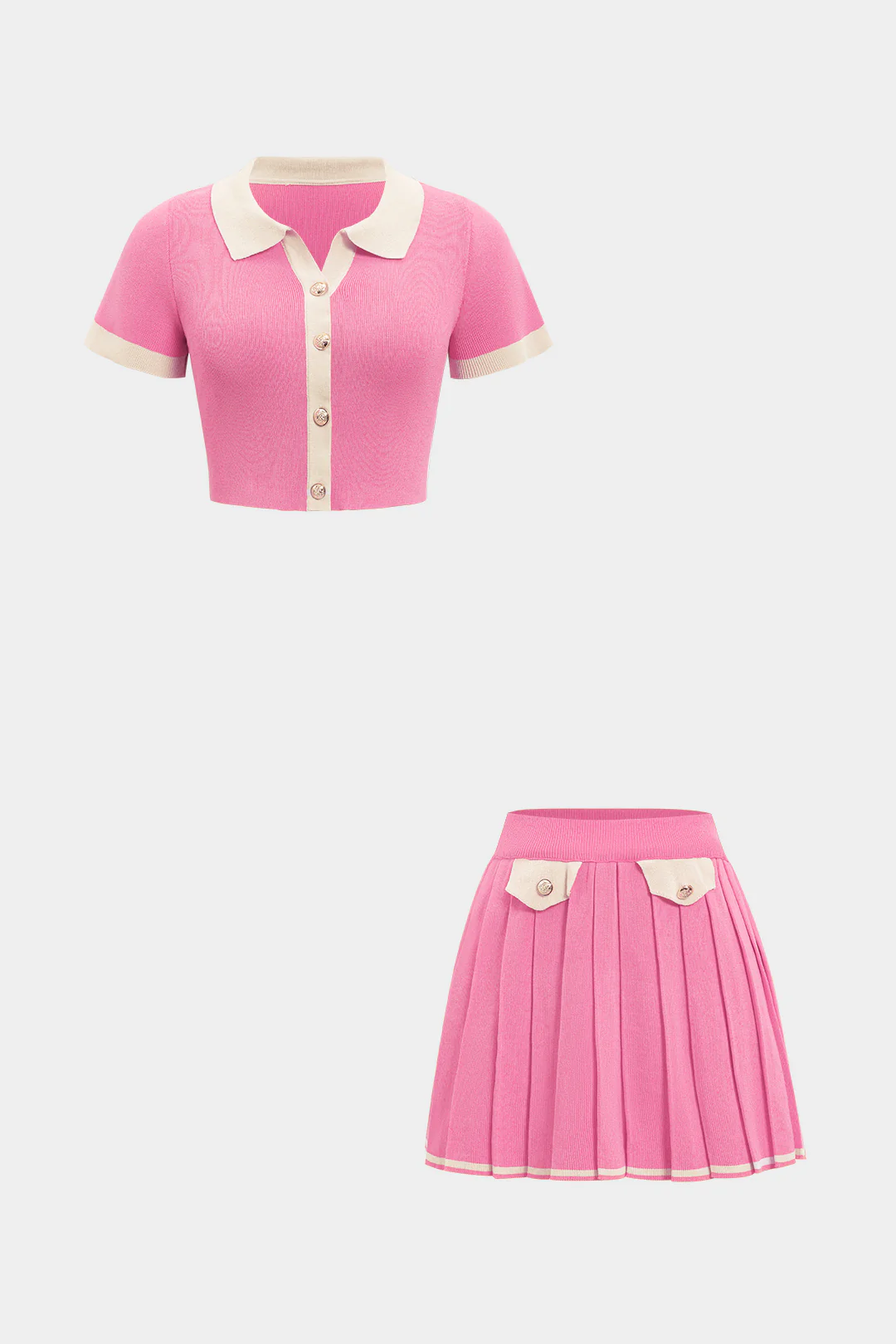 Knit Contrast Binding Short-Sleeve Top And Pleated Mini Skirt Set - Weenar