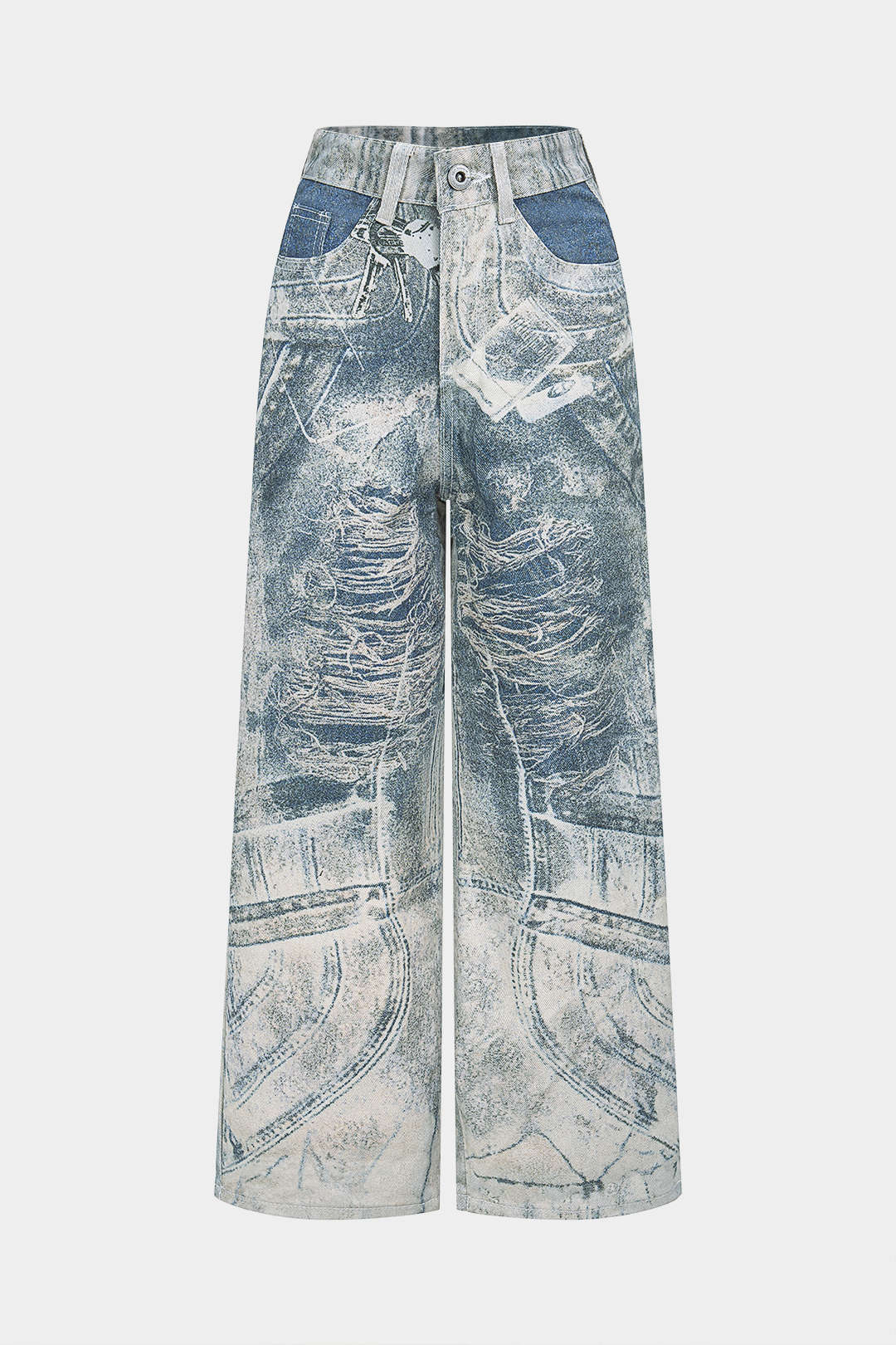 Denim Retro Print Wide Leg Jeans - Weenar