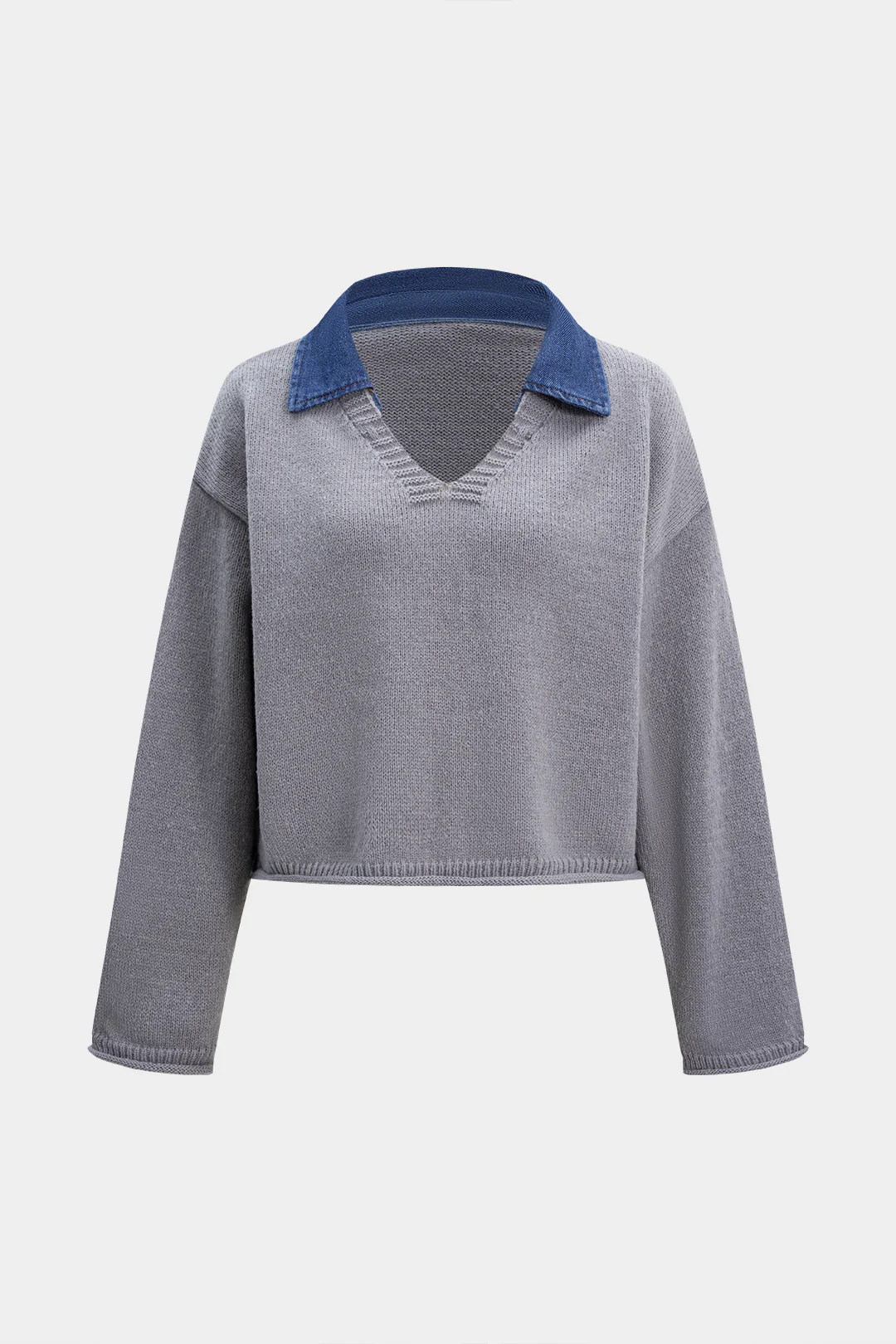 Knit Patchwork Lapel Long-Sleeve Top - Weenar