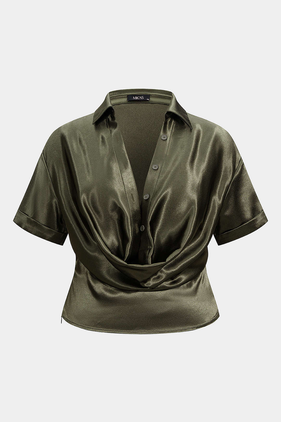 Plus Size Satin Button Draped Cowl Neck Short-Sleeve Top - Weenar