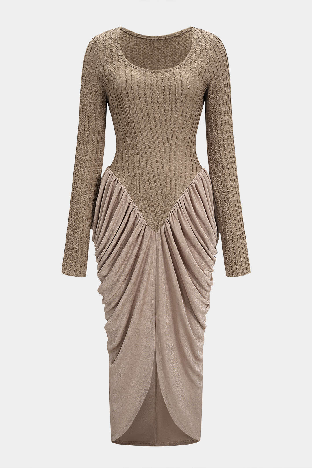 Round Neck Patchwork Ruched Long Sleeve Maxi Dress - Weenar
