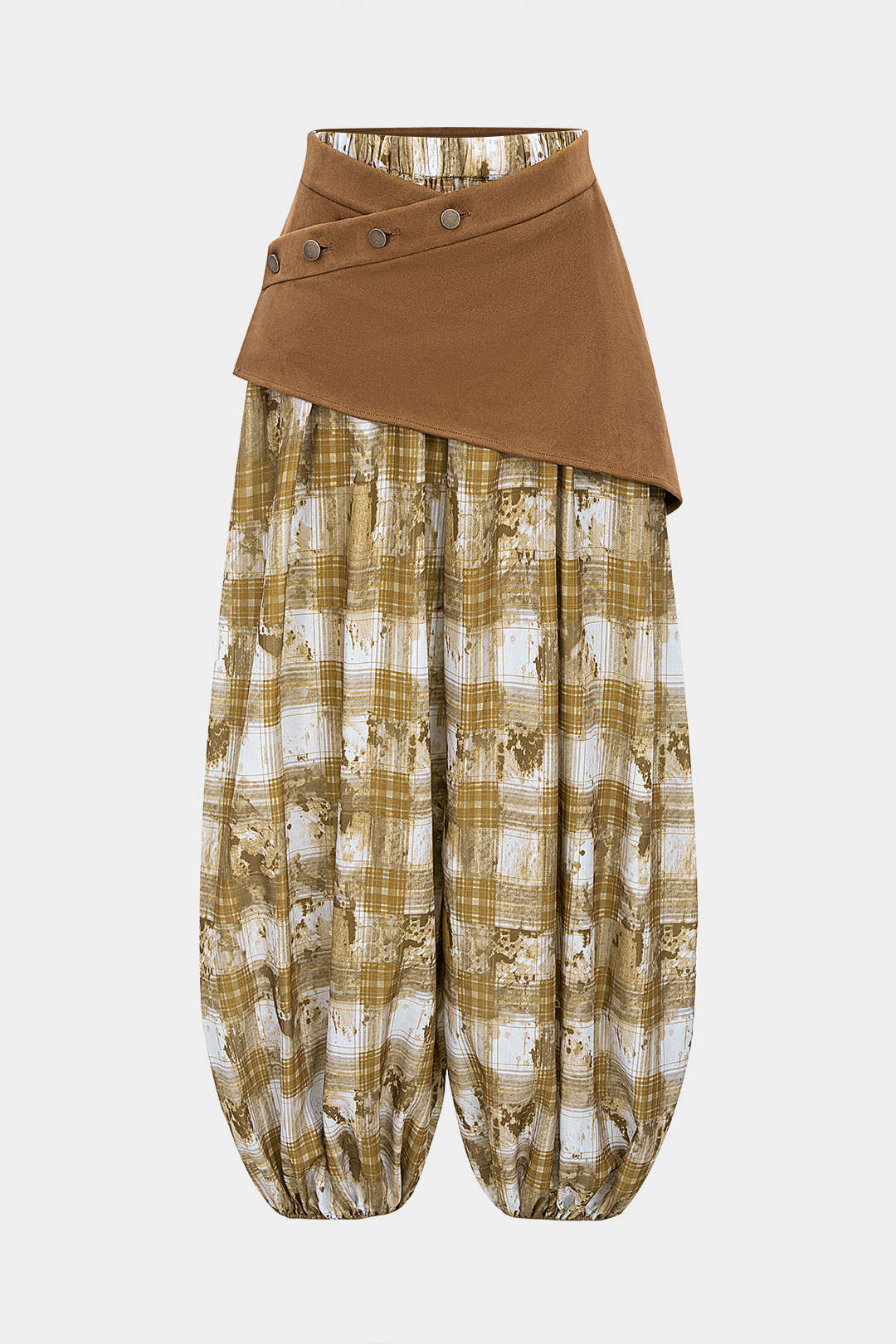Plaid Print Shirred Waistband Patchwork Button Asymmetrical Lantern Trousers - Weenar
