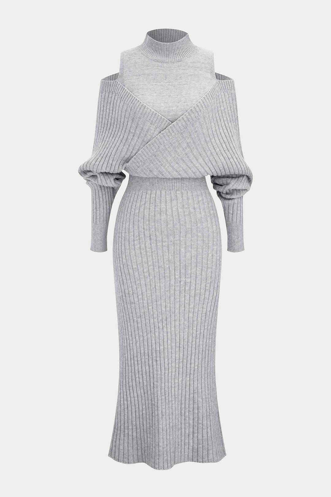 Knit Mock Neck Cut Out Ribbed Long Sleeve Dress - Weenar