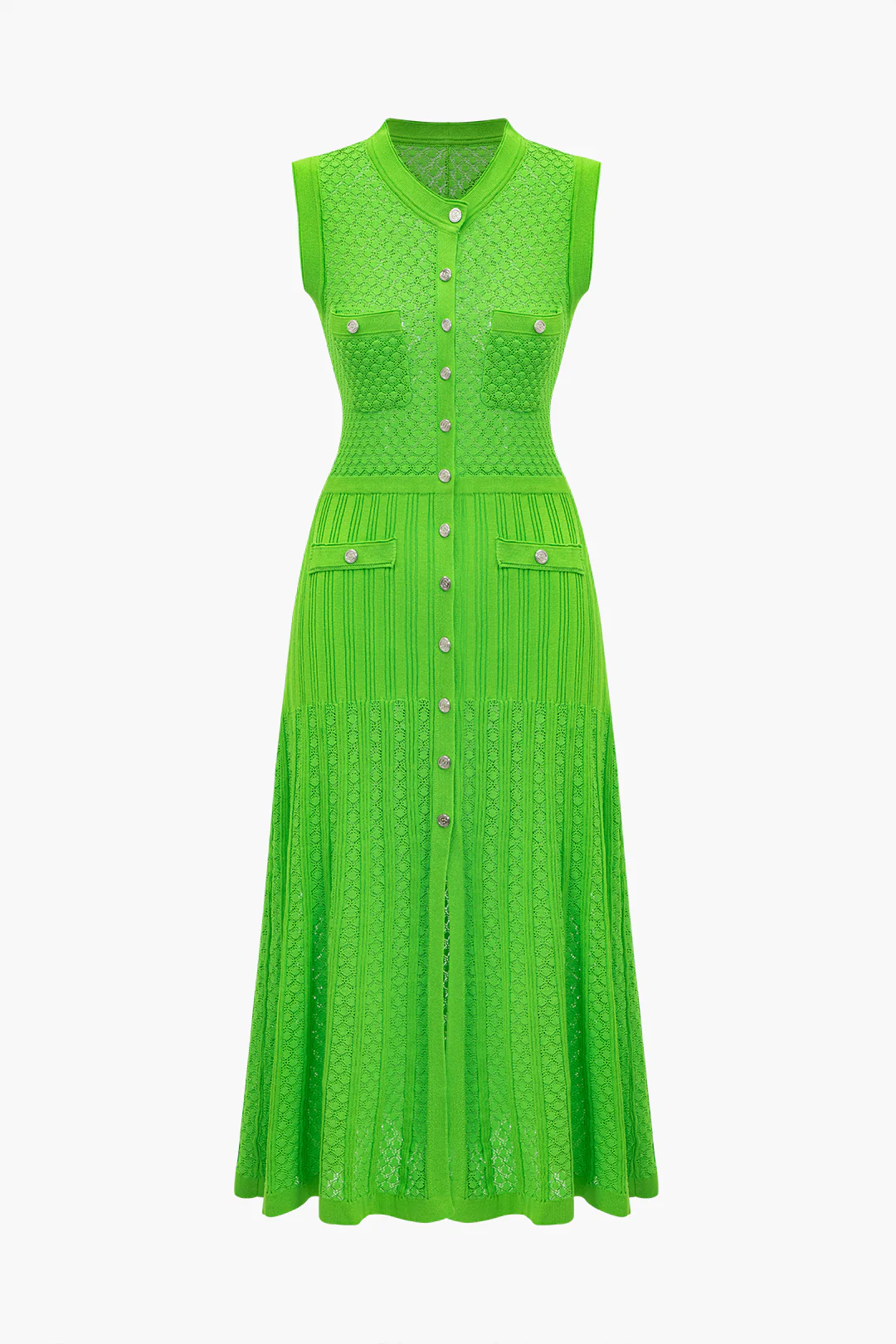 Knit V-Neck Button Pocket Sleeveless Dress - Weenar