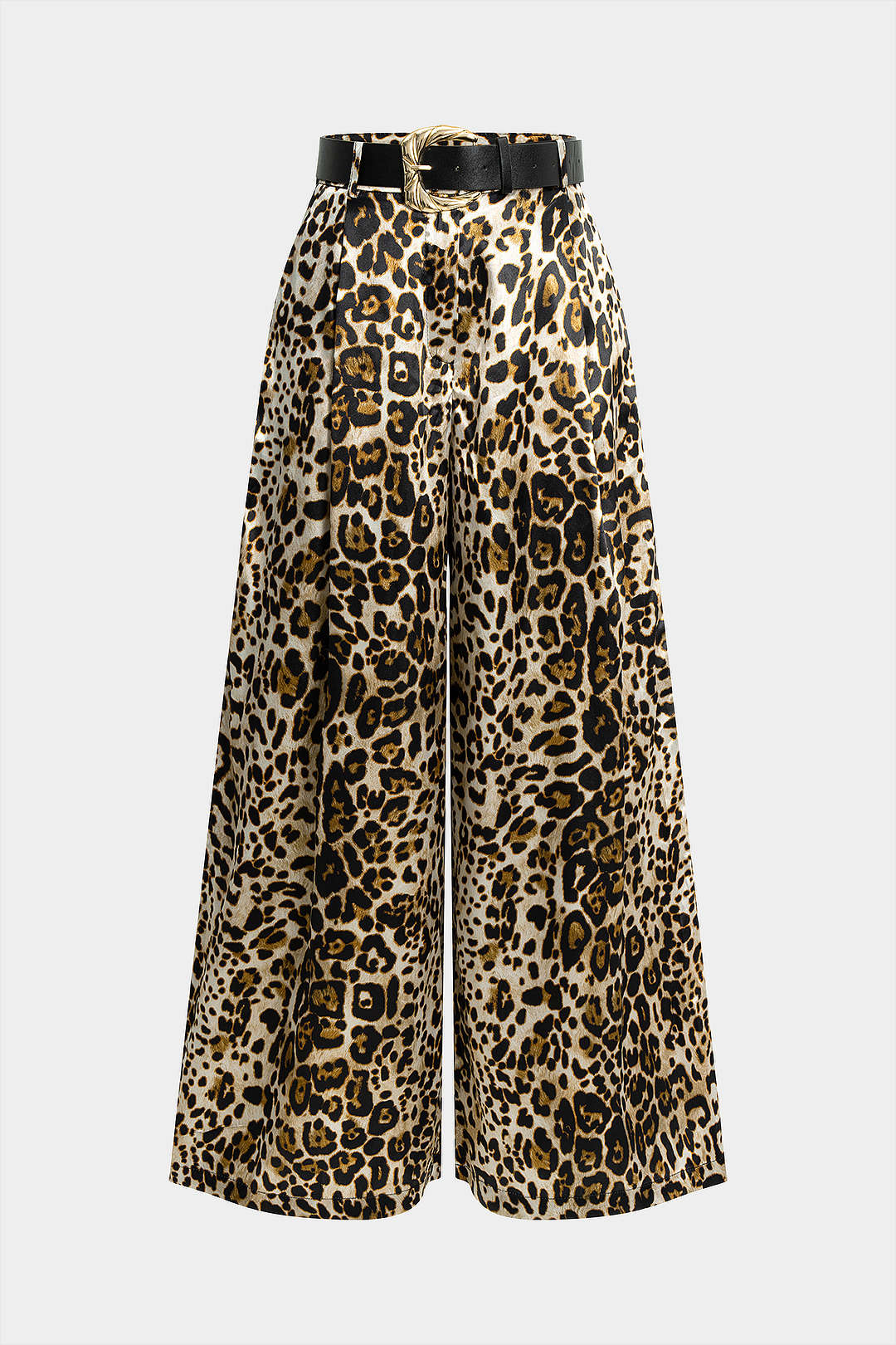 Leopard Print Satin Belted Straight Leg Trousers - Weenar