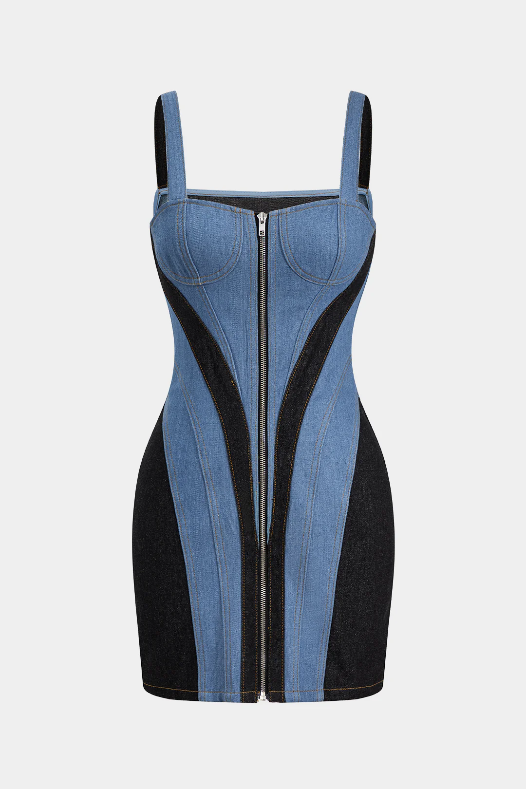 Contrast Denim Patchwork Zipper Bustier Dress - Weenar