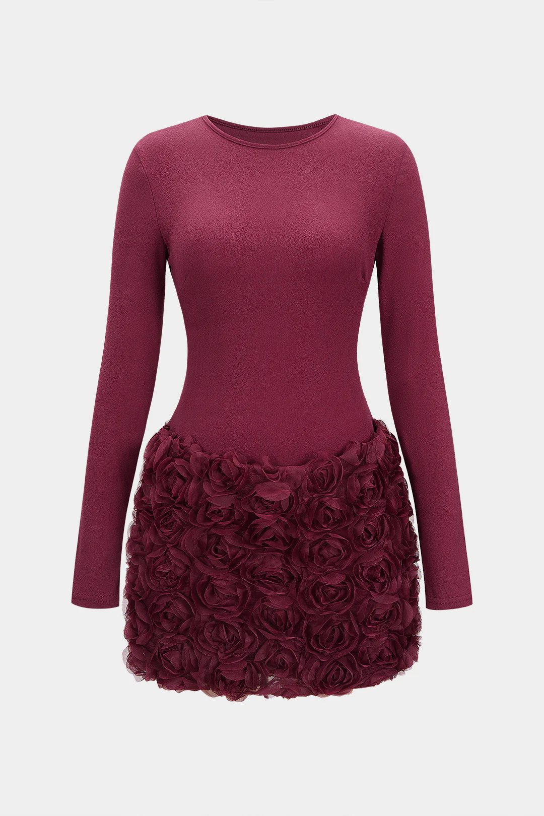 3D Flower Patchwork Long Sleeve Mini Dress - Weenar