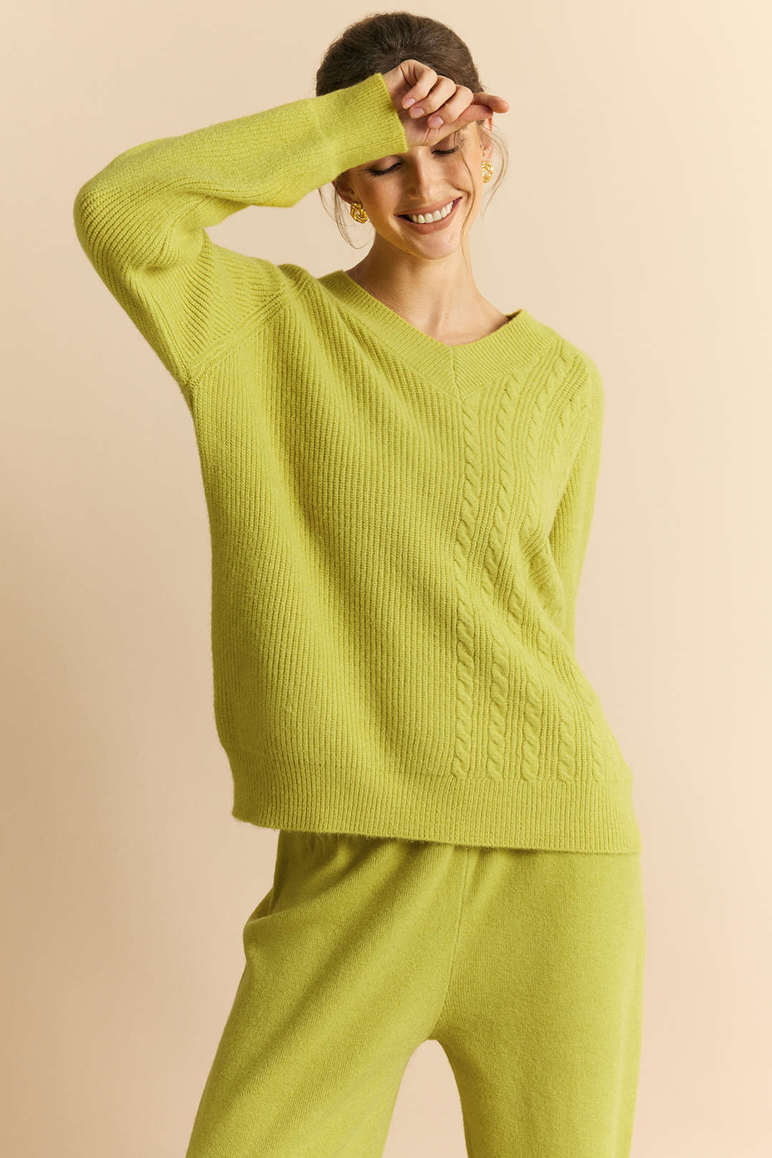 Cable Knit V-Neck Long-Sleeve Top And Wide Leg Pants Set - Weenar