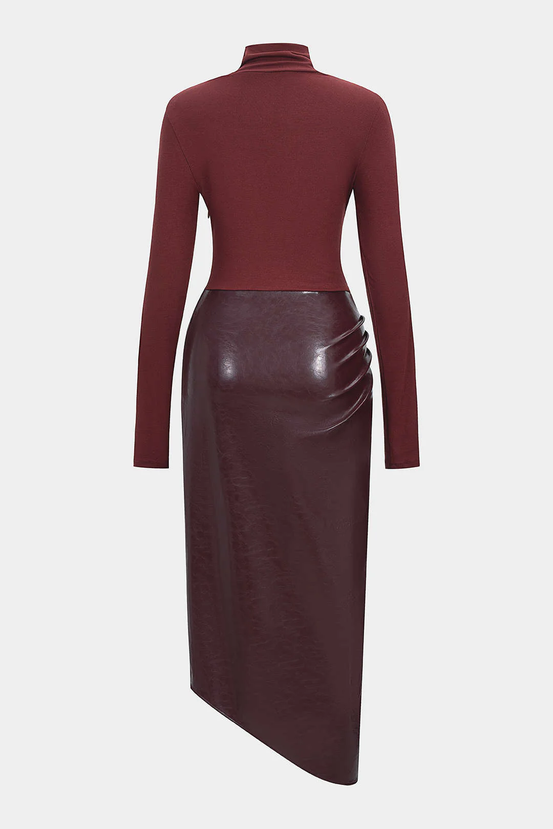 Faux Leather Patchwork Mock Neck Ruched Long Sleeve Maxi Dress - Weenar