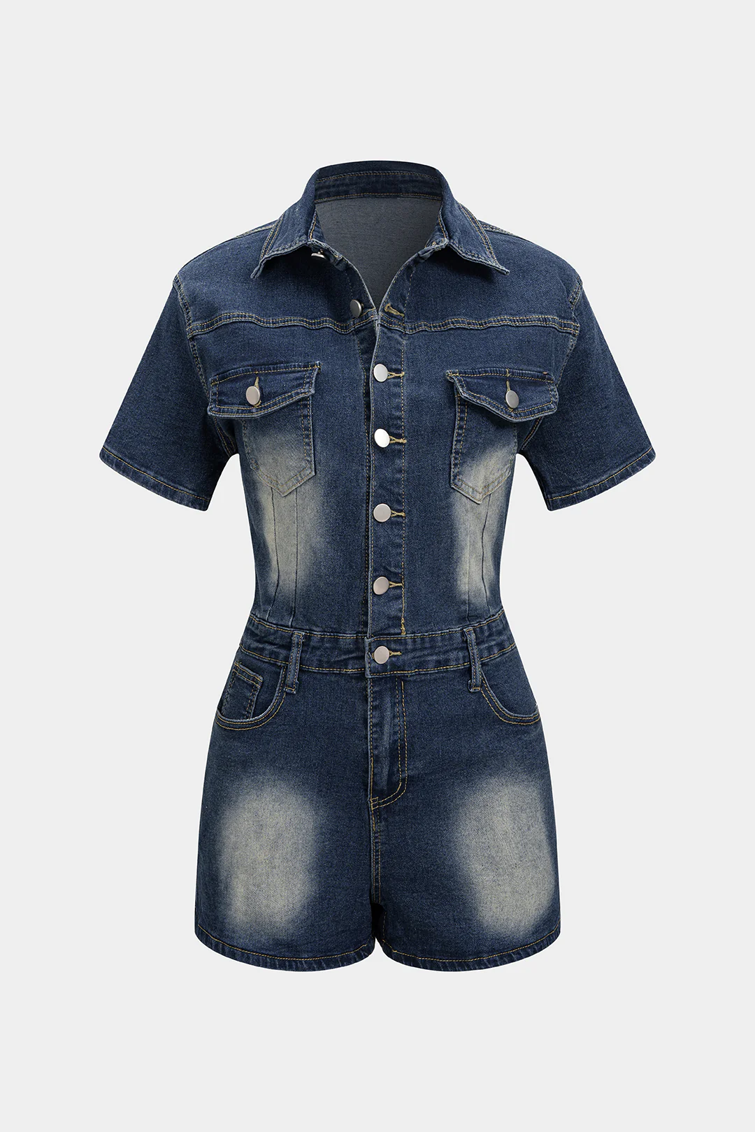 Denim Lapel Button Short Sleeve Romper - Weenar