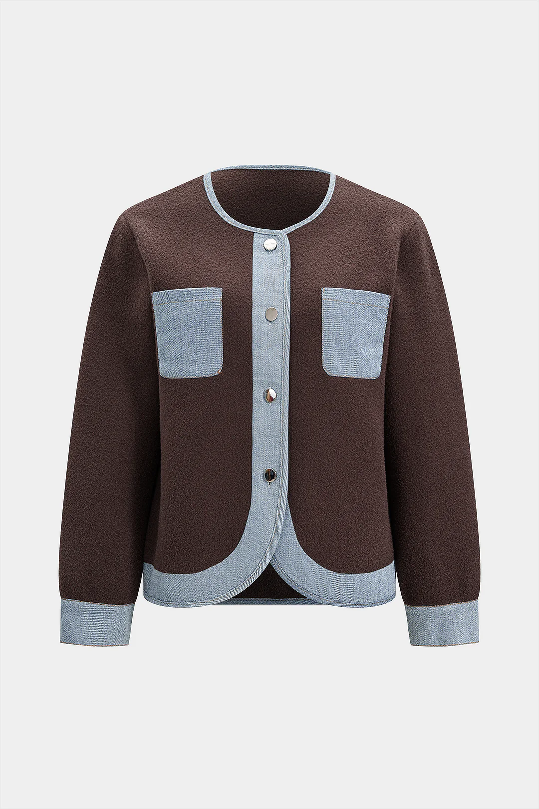 Knit Denim Patchwork Round Neck Cardigan - Weenar