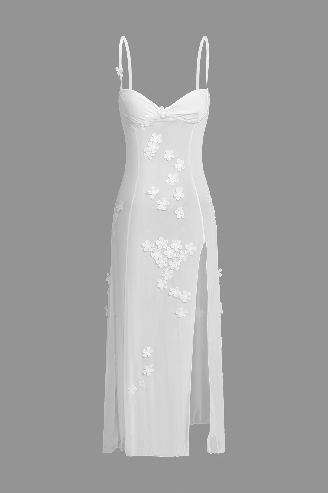 Mesh Flower Decor Slit Sleeveless Midi Dress - Weenar