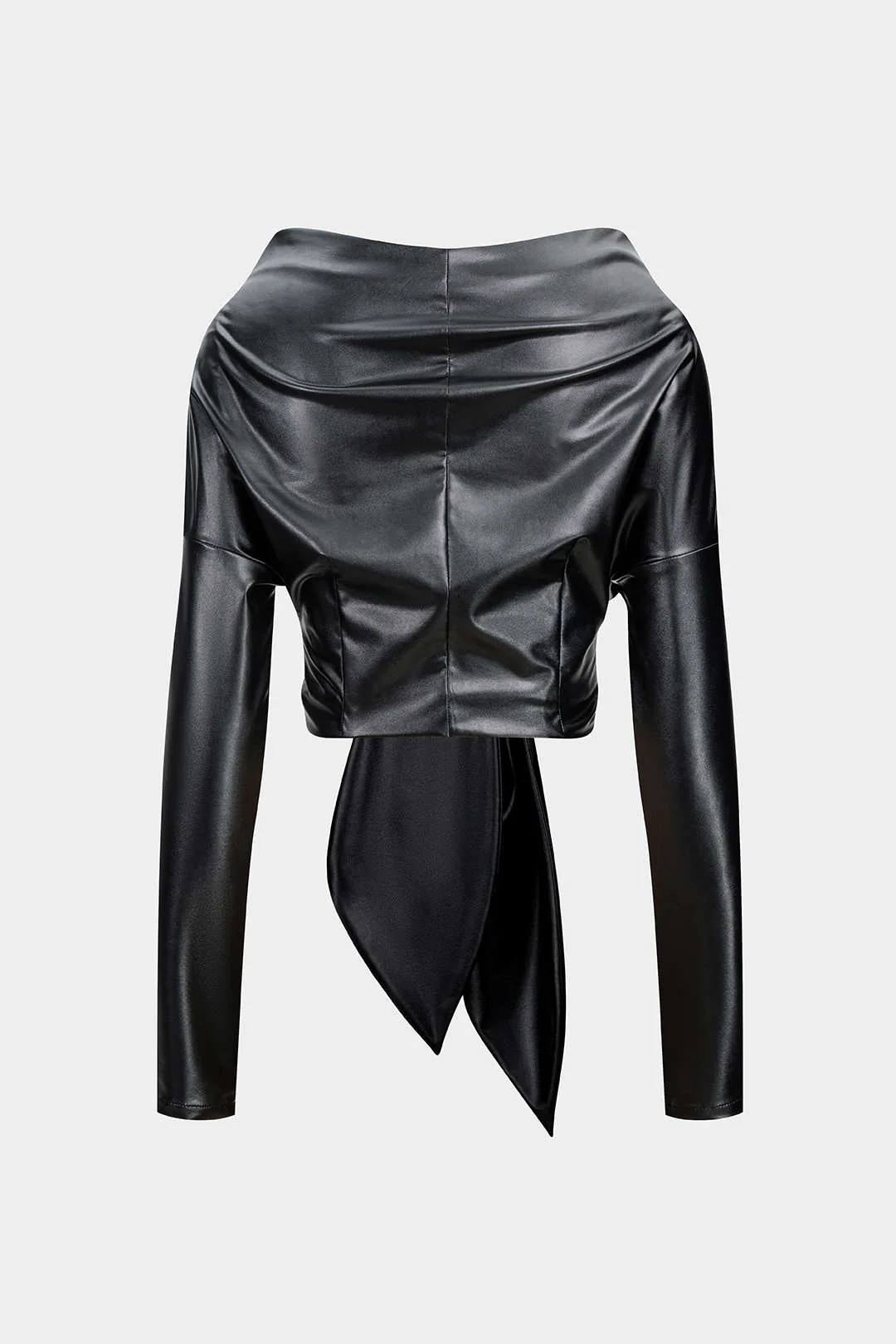 Faux Leather Tie Front Ruched Long-Sleeve Shirt - Weenar