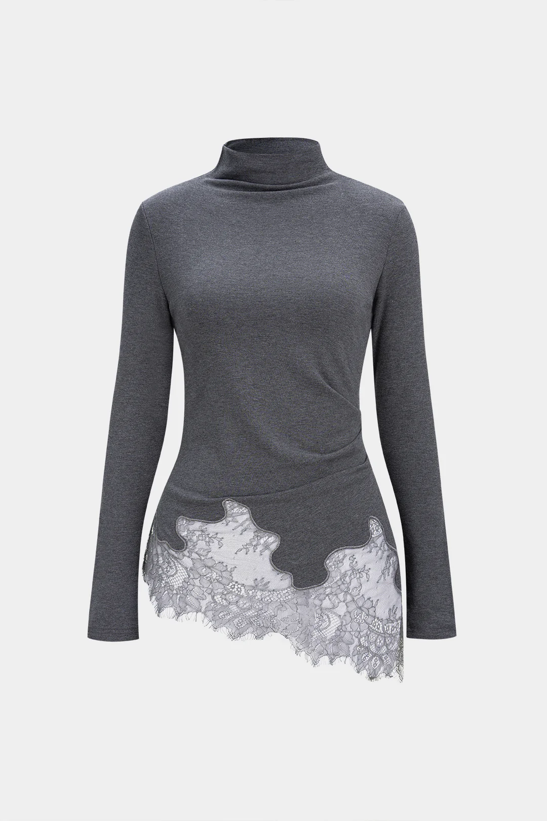 Mock Neck Lace Trim Long-Sleeve Top - Weenar