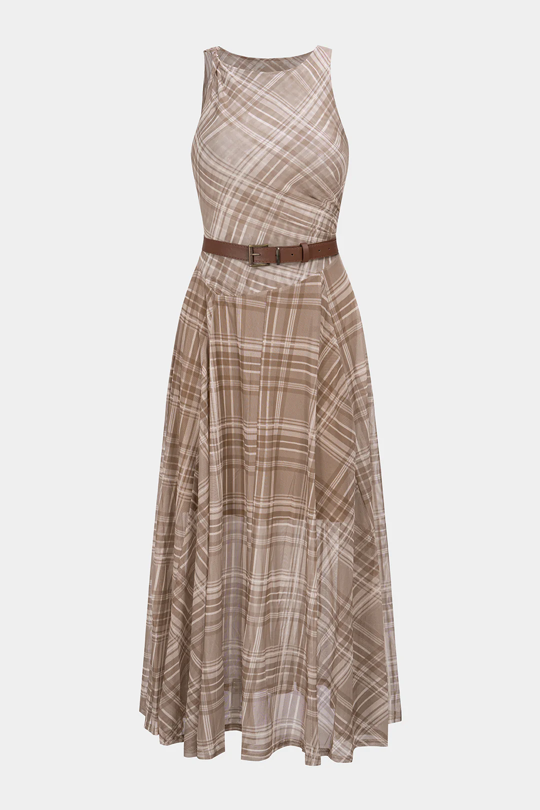 Plaid Print Mesh Twist Knot Round Neck Belted Sleeveless Midi Dress - Weenar