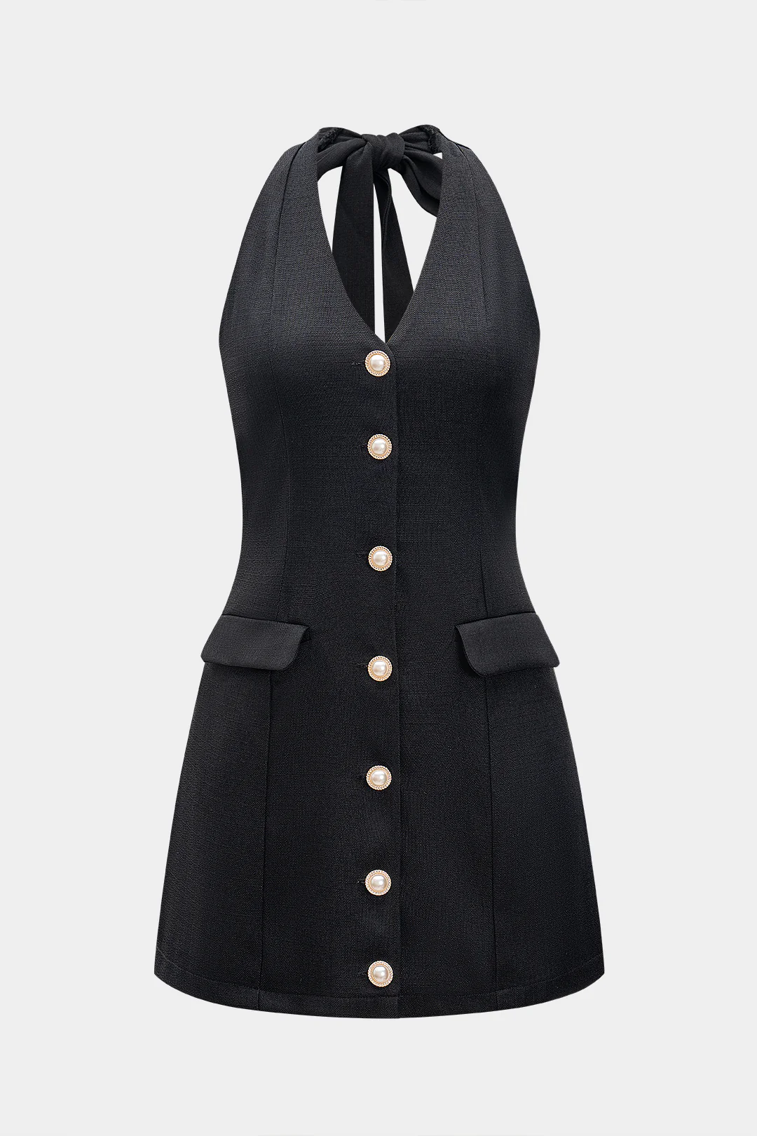 Halter V-Neck Pearl Button Sleeveless Jumpsuit - Weenar