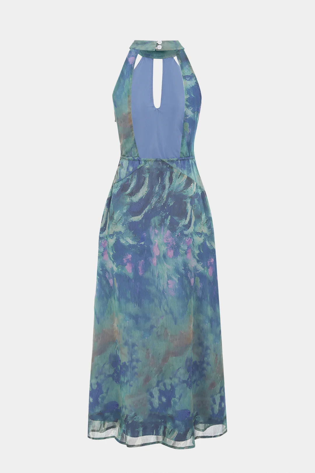 Tie Dye Print Mesh Halter Neck Cut Out Sleeveless Maxi Dress With Scarf - Weenar
