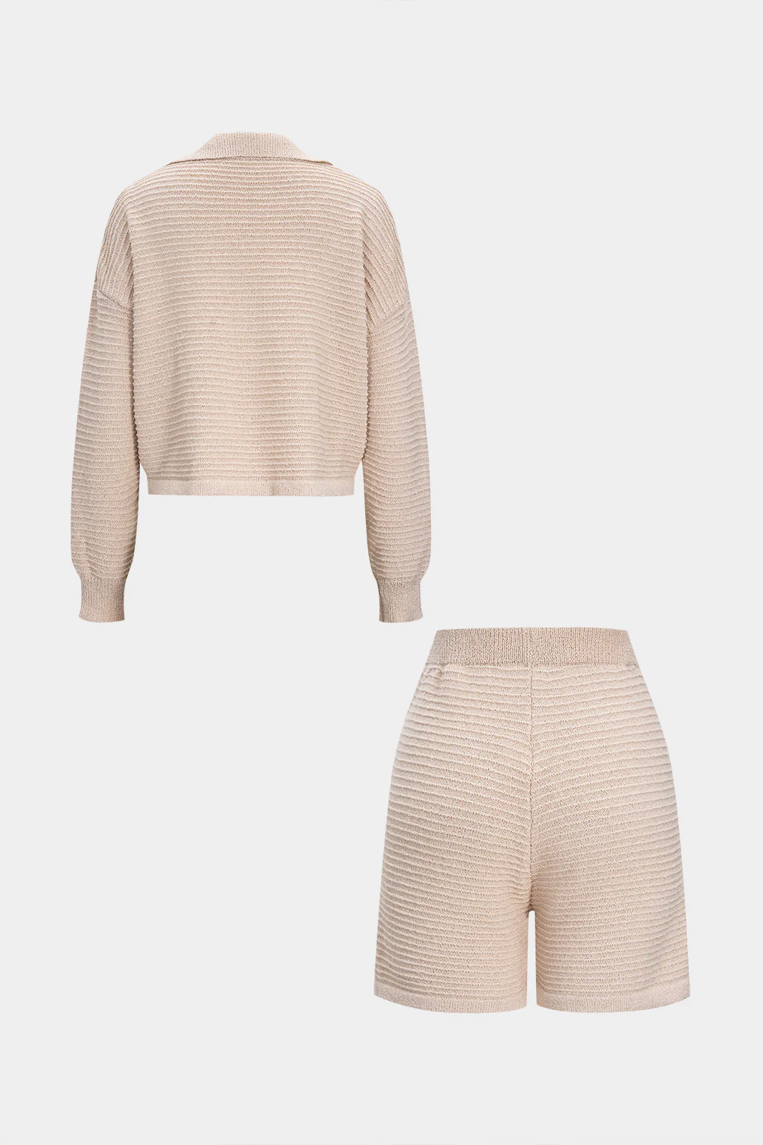 Knit Texture Long-Sleeve Top And Pocket Shorts Set - Weenar