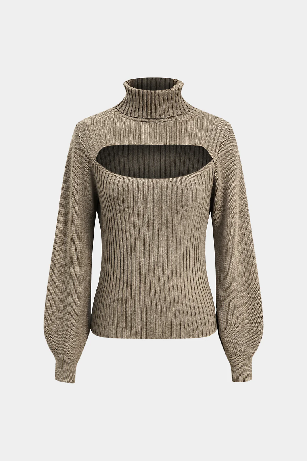 Cut Out Turtleneck Ribbed Long-Sleeve Top - Weenar