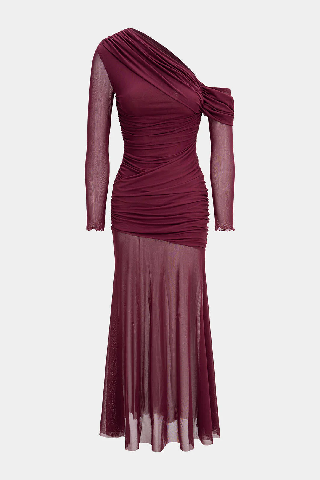 Mesh Patchwork Ruched Long Sleeve Maxi Dress - Weenar