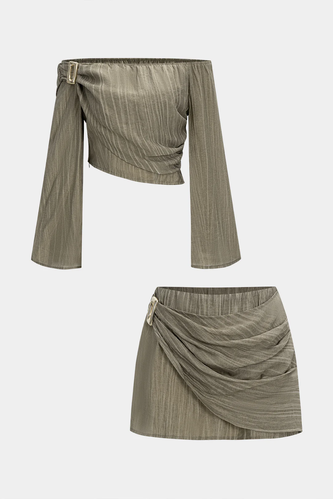 Off Shoulder Stripes Print Long Sleeve Crossed Top And Ruched Mini Skirt Set - Weenar