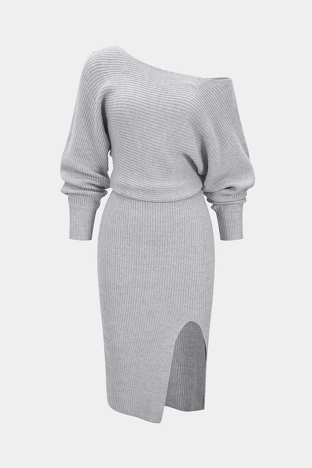 Knit Off-Shoulder Ribbed Side Slit Long Sleeve Dress - Weenar