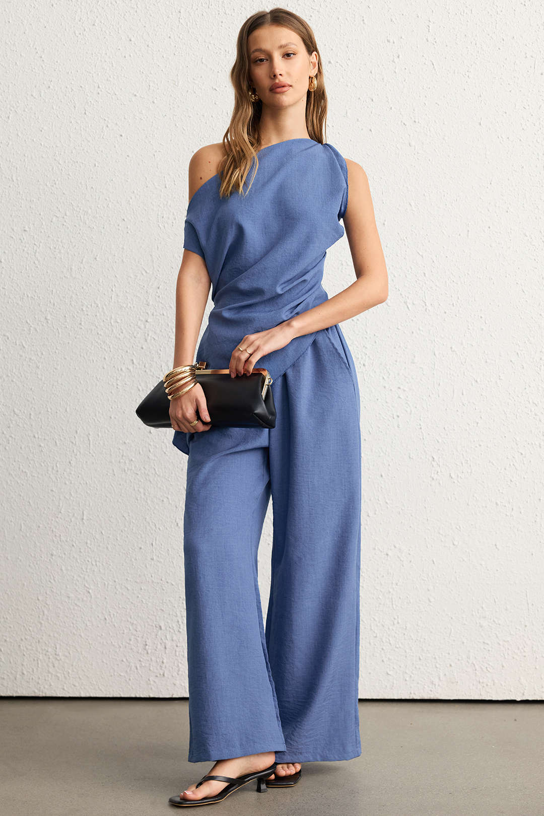 Solid One Shoulder Ruched Asymmetrical Tank Top And Wide Leg Pants Set - Weenar