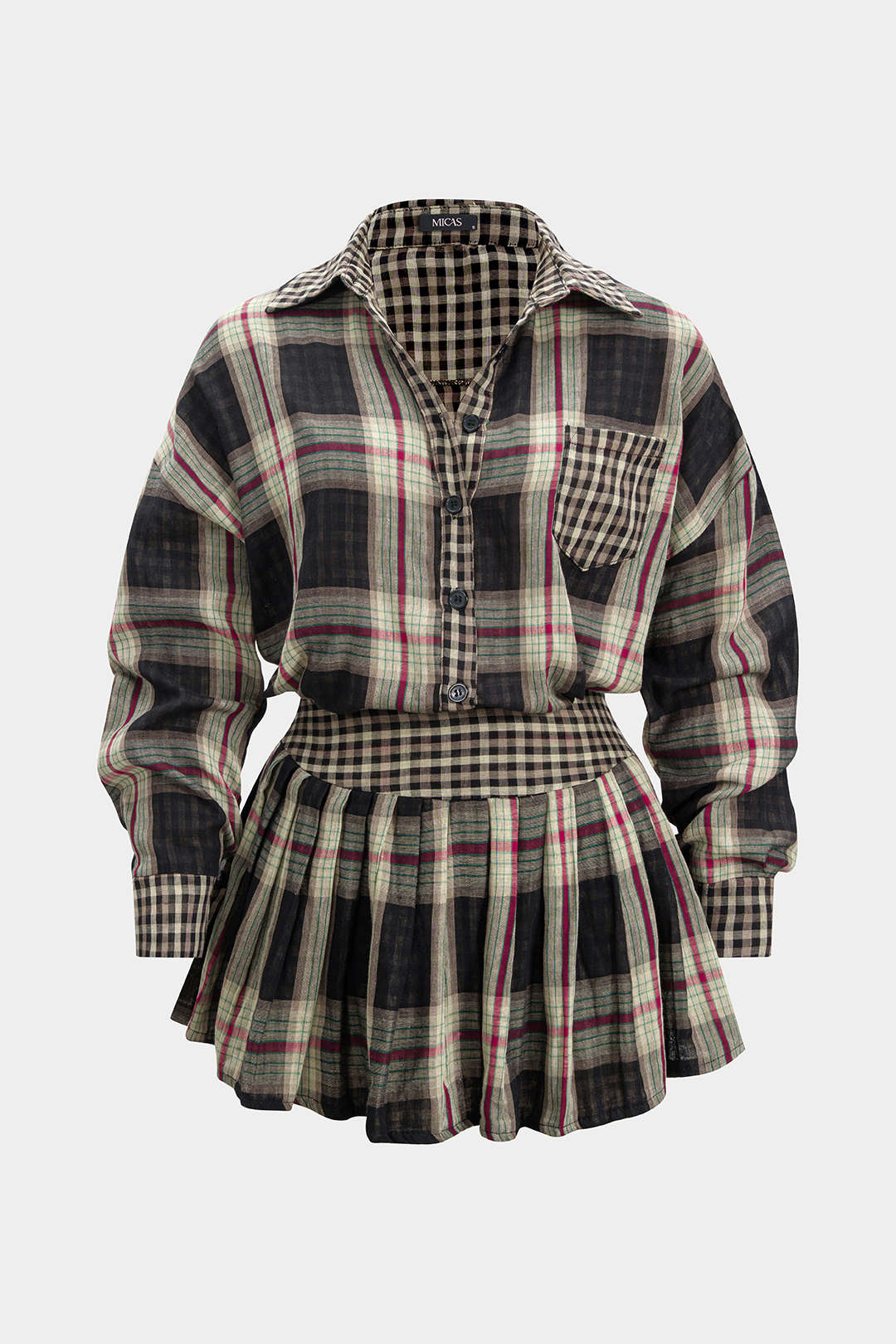 Plus Size Plaid Print Button Long-Sleeve Shirt And Mini Skirt Set - Weenar