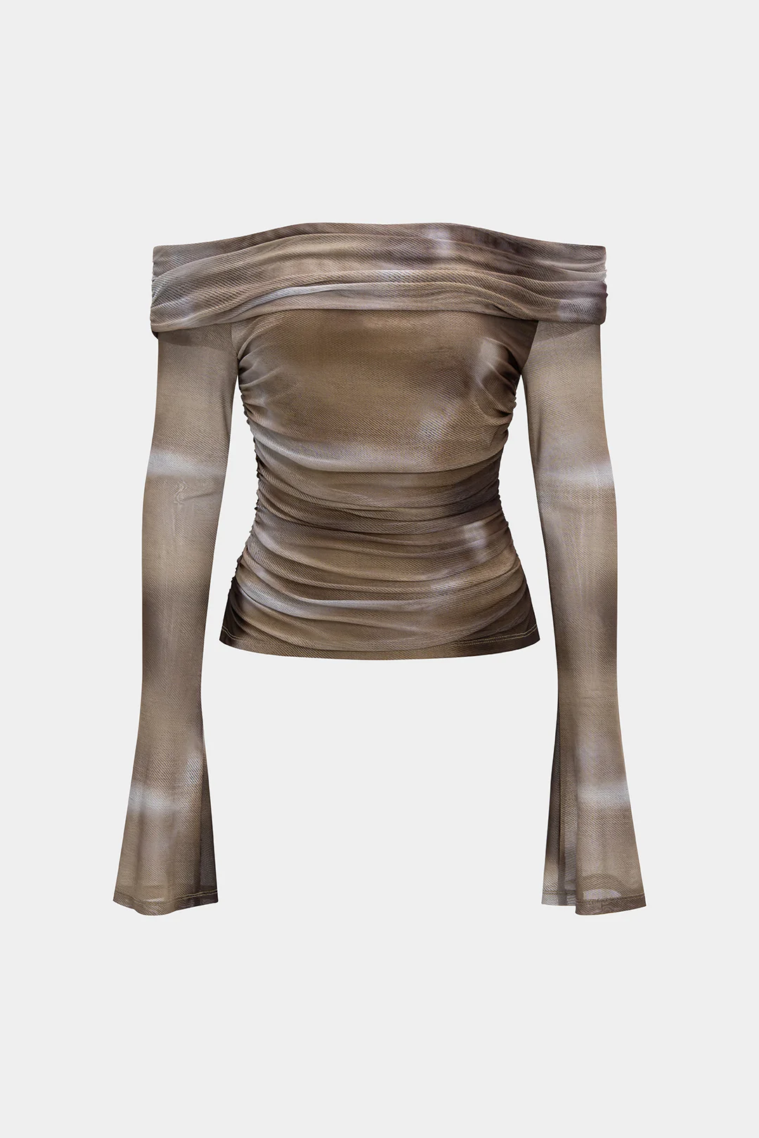 Abstract Tie Dye Ombre Print Mesh Off Shoulder Ruched Bell Sleeve Top - Weenar