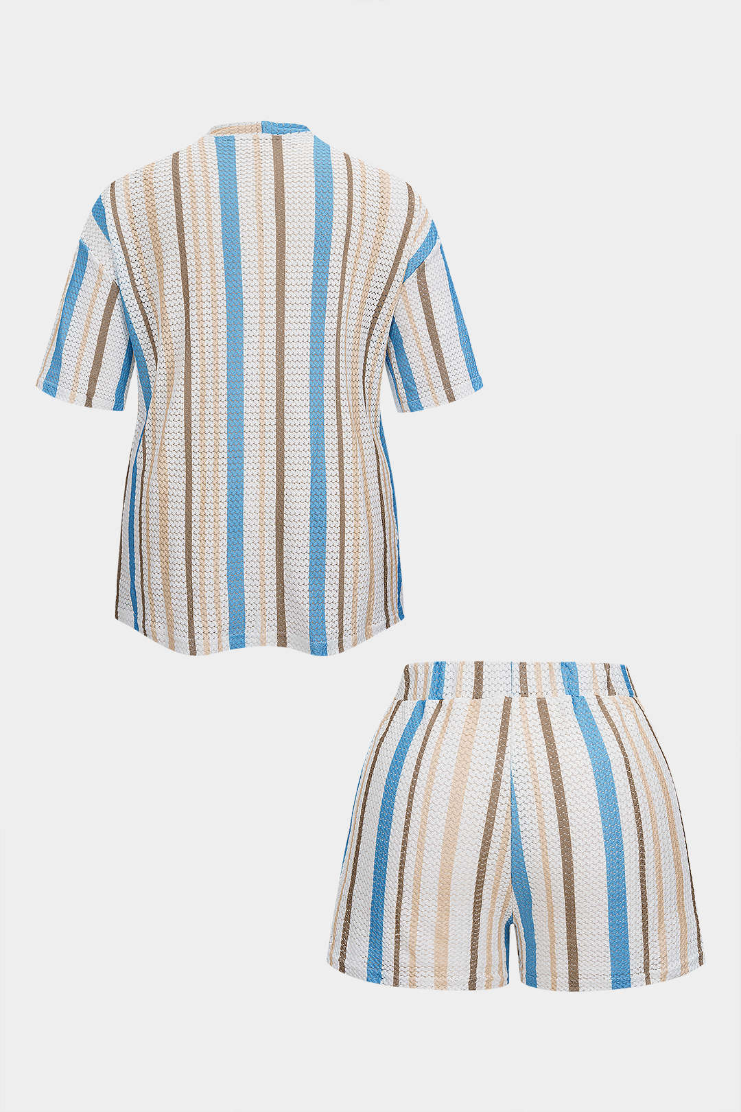 Plus Size Stripes Print V-Neck Short Sleeve Top And Drawstring Shorts Set - Weenar