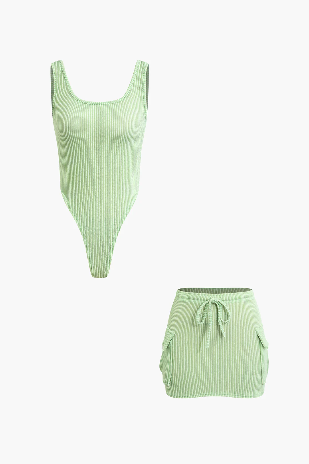 Stripes Bikini And Drawstring Pocket Skirt Set - Weenar