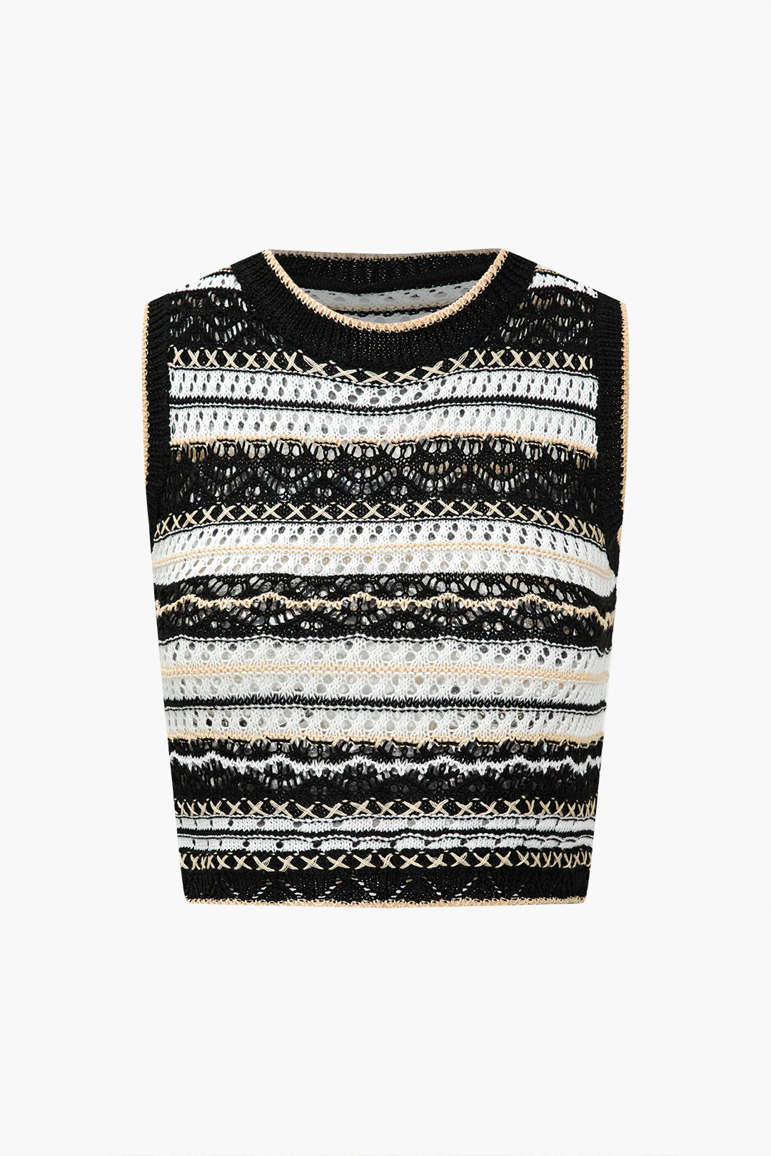 Knit Contrast Stripes Hollow Out Tank Top And Shorts Set - Weenar