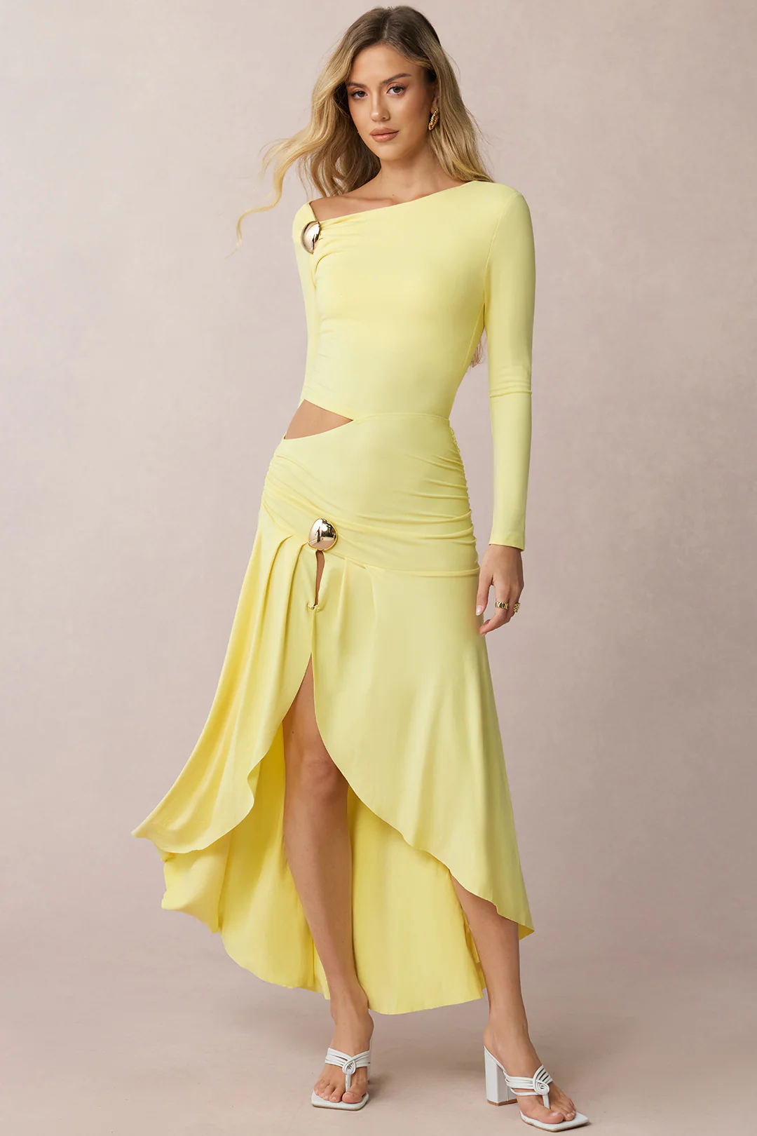 Cut Out Asymmetrical Ruched Long Sleeve Midi Dress - Weenar