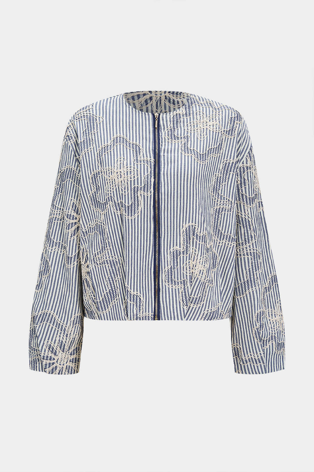 Stripes Print Floral Embroidery Zipper Jacket - Weenar